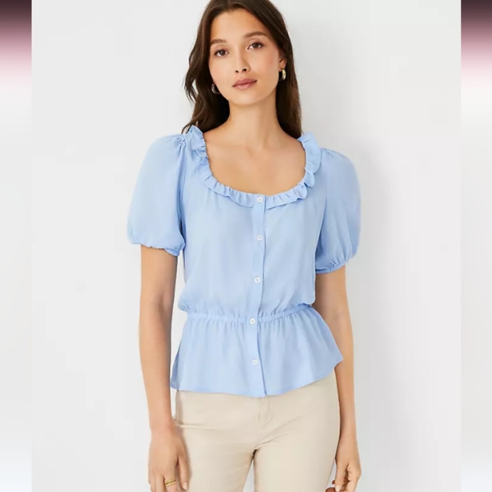 Ann Taylor Light Blue Ruffle Neck Puff Sleeve Blouse